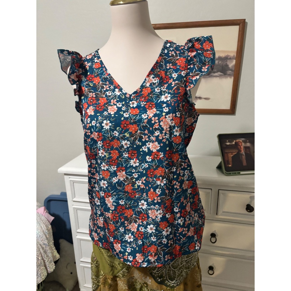 Floral Flutter Sleeve Blouse V-Neck Teal Orange Botanical Print Summer Top